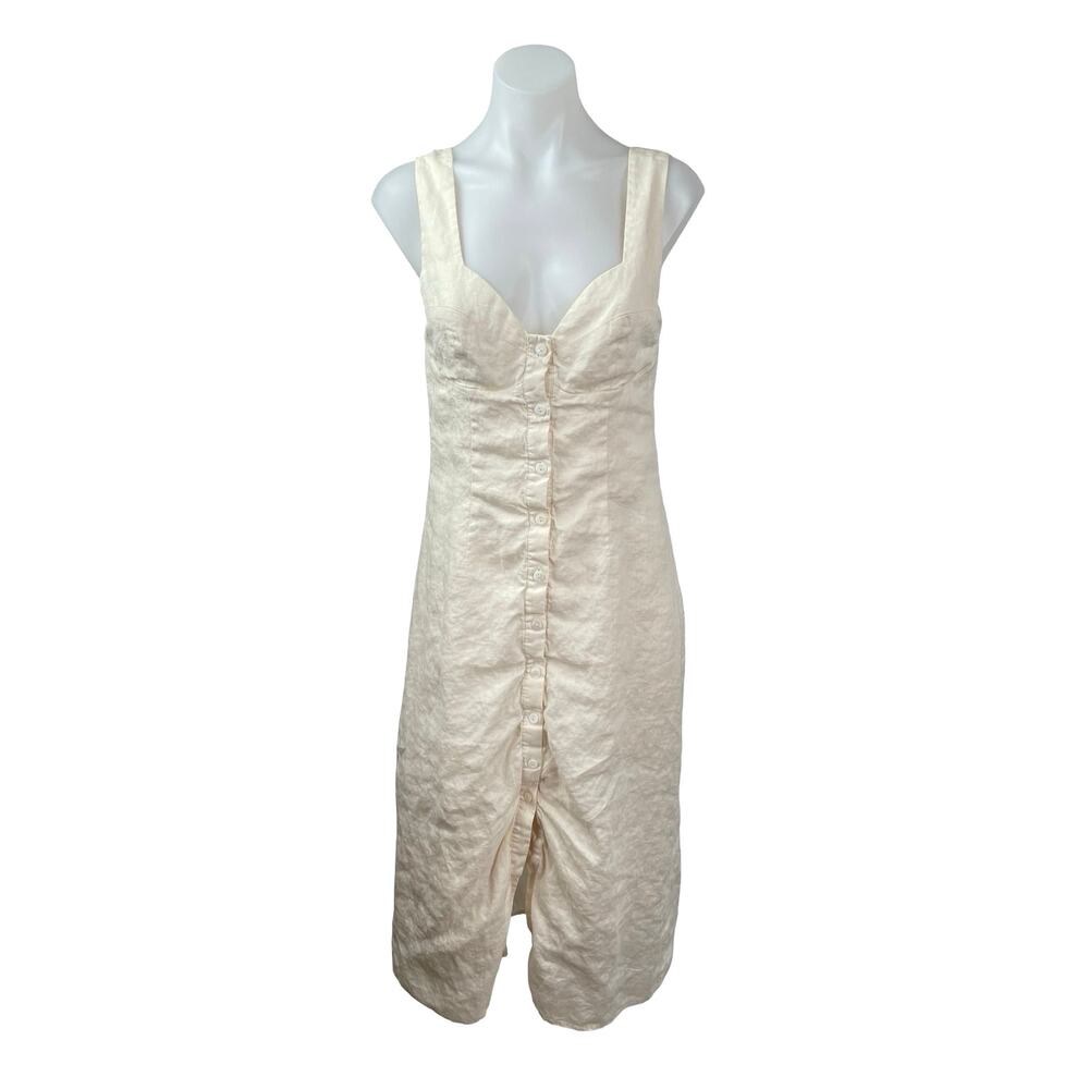 Sancia Beige 100% Linen Sleeveless Sweetheart Button Up Tank Shirt Midi Dress M